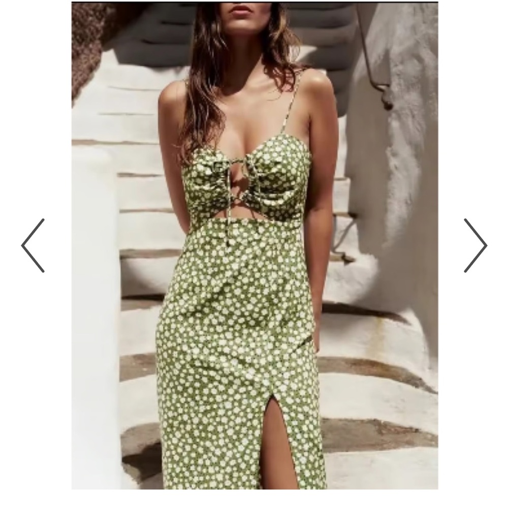 Zara linen blend floral print green midi dress Size Large